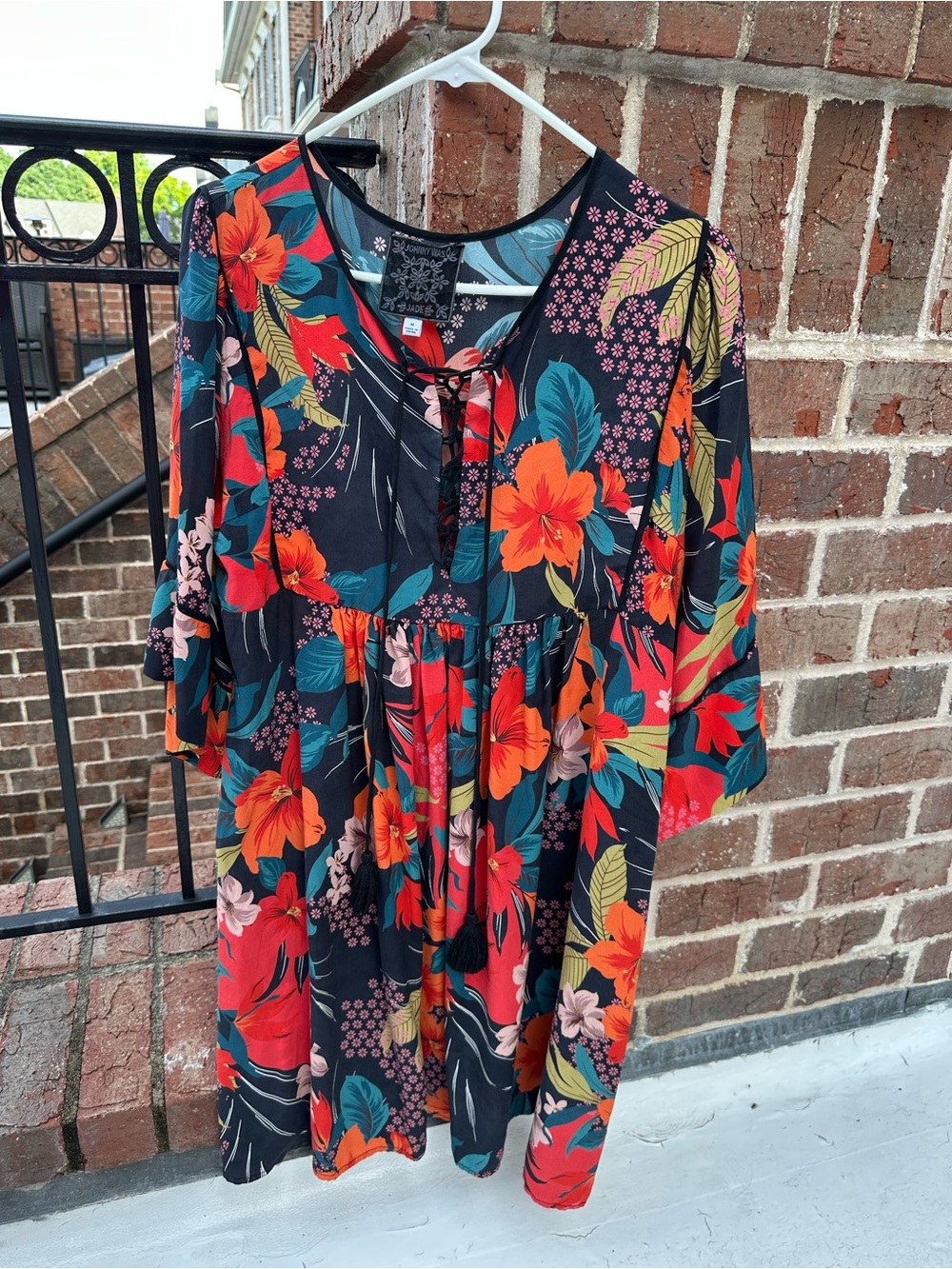 Johnny Was, new, Jade Black Tunic with Orange & Teal Floral Print, 100% silk.